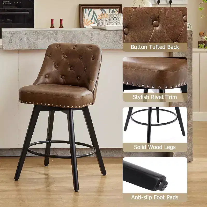 Juego de 2 taburetes de bar modernos giratorios, tapizados, reposapiés, respaldo y patas de metal, taburetes de bar de altura de encimera modernos para bar, isla de cocina
