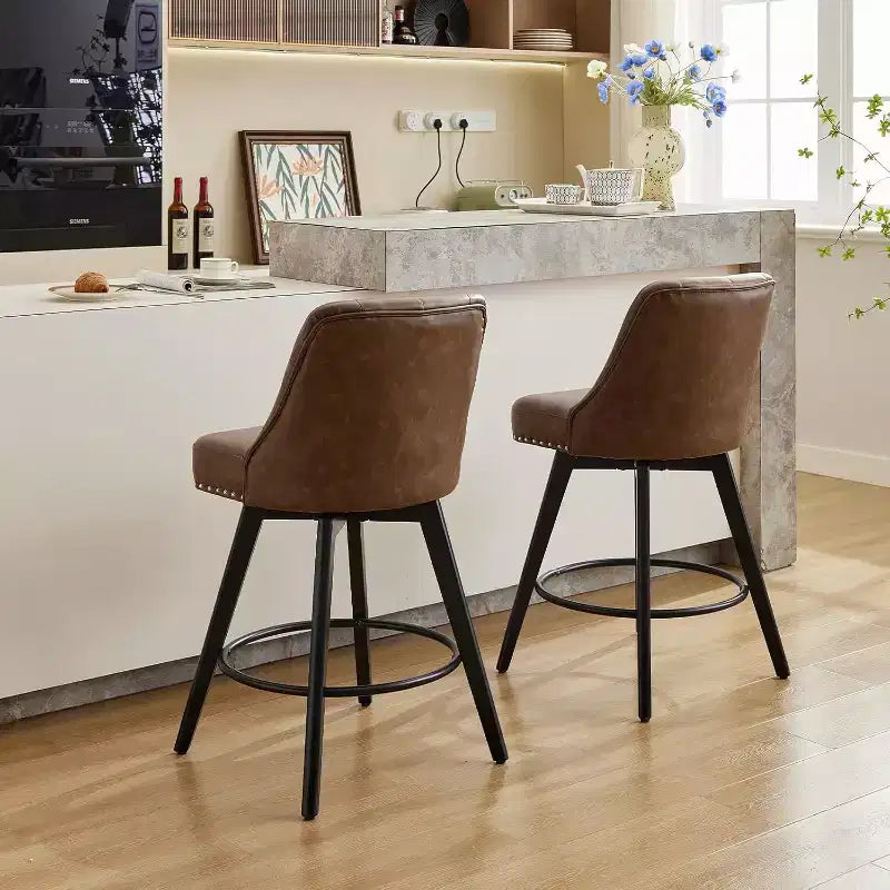 Juego de 2 taburetes de bar modernos giratorios, tapizados, reposapiés, respaldo y patas de metal, taburetes de bar de altura de encimera modernos para bar, isla de cocina