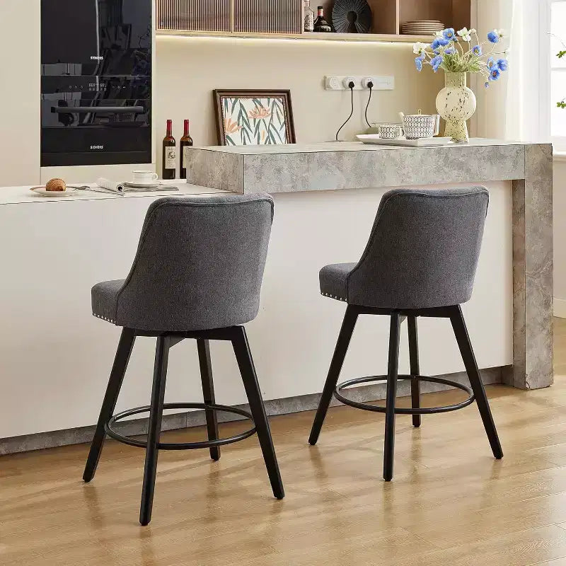 Juego de 2 taburetes de bar modernos giratorios, tapizados, reposapiés, respaldo y patas de metal, taburetes de bar de altura de encimera modernos para bar, isla de cocina
