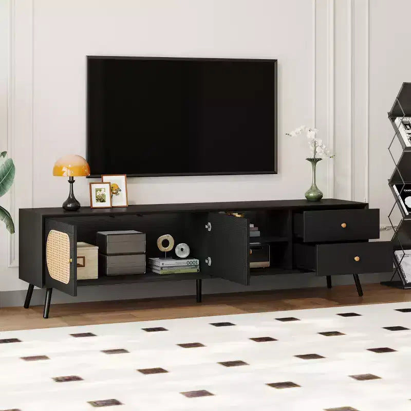 Mueble de TV de ratán con puertas para TV de 80 pulgadas, mesa de almacenamiento vintage para TV con cajones y estante abierto para sala de estar, negro