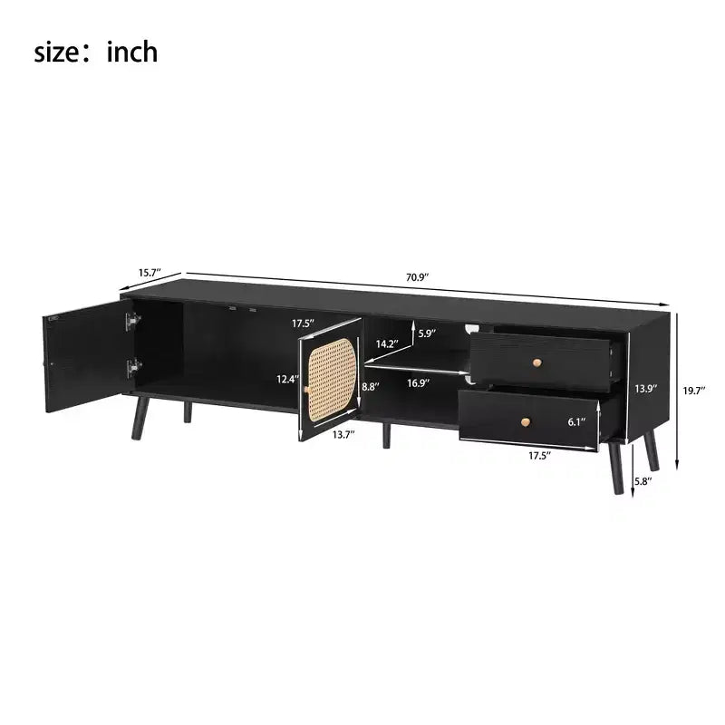 Mueble de TV de ratán con puertas para TV de 80 pulgadas, mesa de almacenamiento vintage para TV con cajones y estante abierto para sala de estar, negro