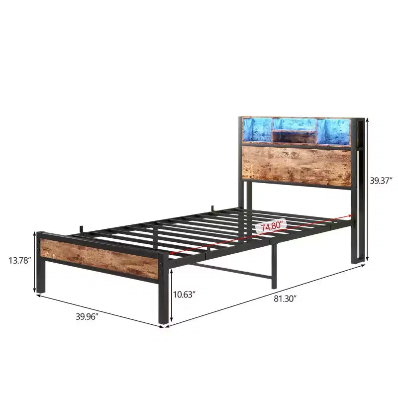 Base de cama de plataforma doble moderna GDFStudio Kian de metal con cabecera de almacenamiento, estación de carga y luces LED
