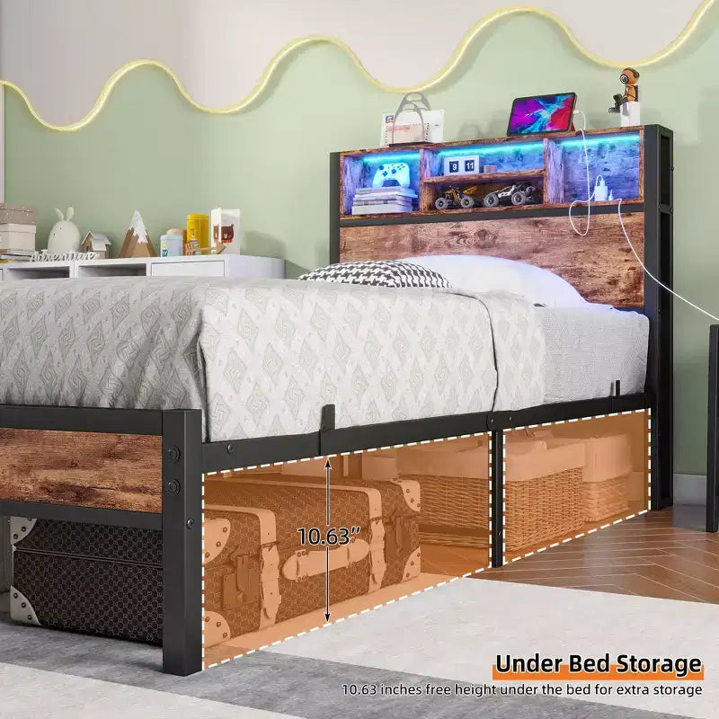Base de cama de plataforma doble moderna GDFStudio Kian de metal con cabecera de almacenamiento, estación de carga y luces LED