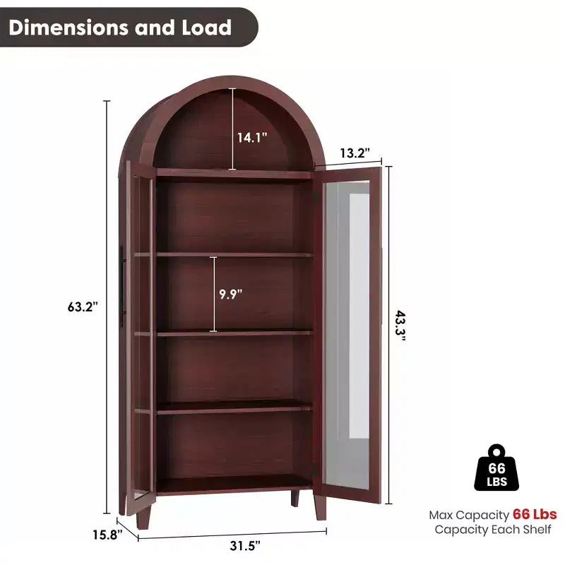 Mueble de despensa de cocina con arco - Estante de exhibición rústico de 5 niveles con estante ajustable y 2 puertas grandes de vidrio, armario de almacenamiento versátil