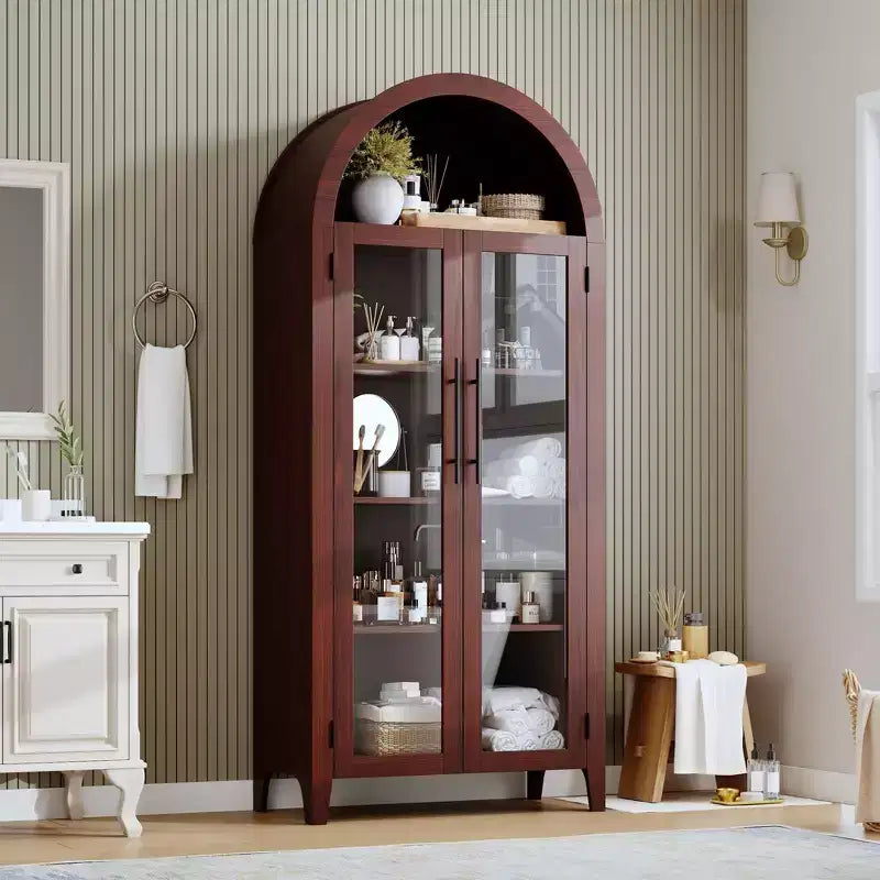 Mueble de despensa de cocina con arco - Estante de exhibición rústico de 5 niveles con estante ajustable y 2 puertas grandes de vidrio, armario de almacenamiento versátil