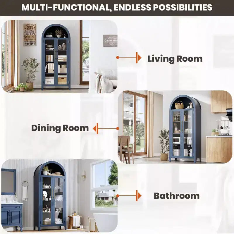 Mueble de despensa de cocina con arco - Estante de exhibición rústico de 5 niveles con estante ajustable y 2 puertas grandes de vidrio, armario de almacenamiento versátil