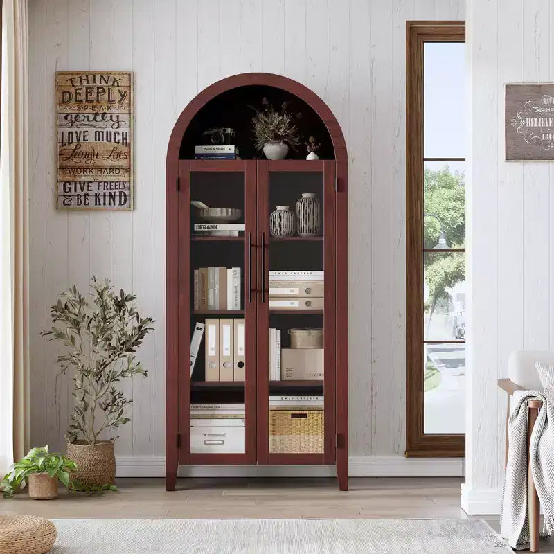 Mueble de despensa de cocina con arco - Estante de exhibición rústico de 5 niveles con estante ajustable y 2 puertas grandes de vidrio, armario de almacenamiento versátil