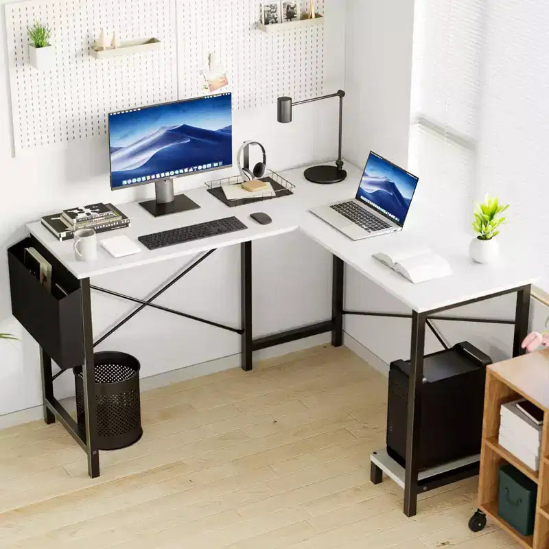 TUYOHW Escritorio de computadora en forma de L con estructura en forma de X, escritorio de oficina de esquina para juegos de 50" con estante de almacenamiento de CPU y bolsa lateral para oficina en casa, estudio, juegos