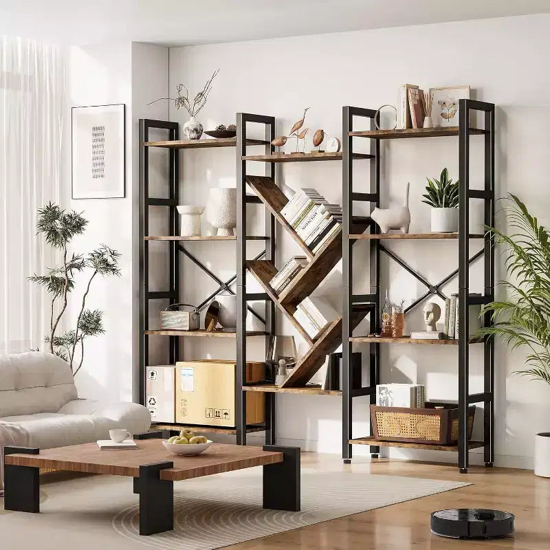 Estanterías de 4 niveles, librerías grandes de madera, estantes abiertos para salas de estar y dormitorios, muebles modernos con estructura de metal, color marrón.
