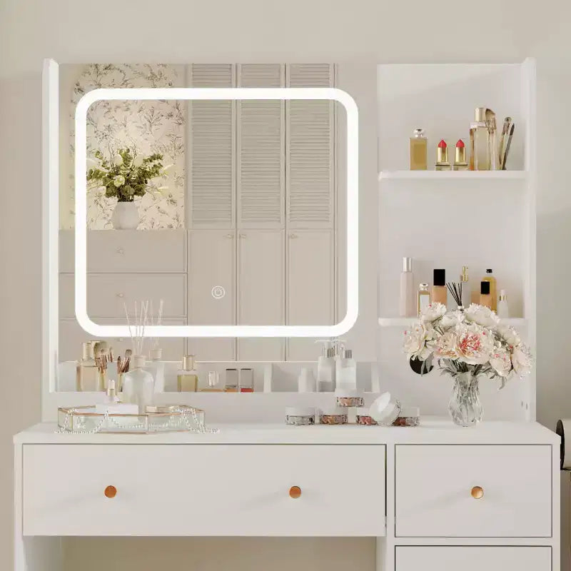 Tocador con espejo y luces, tocador de maquillaje con 3 opciones de color y 4 estantes abiertos, tocador con 2 cajones de almacenamiento, mesa de tocador