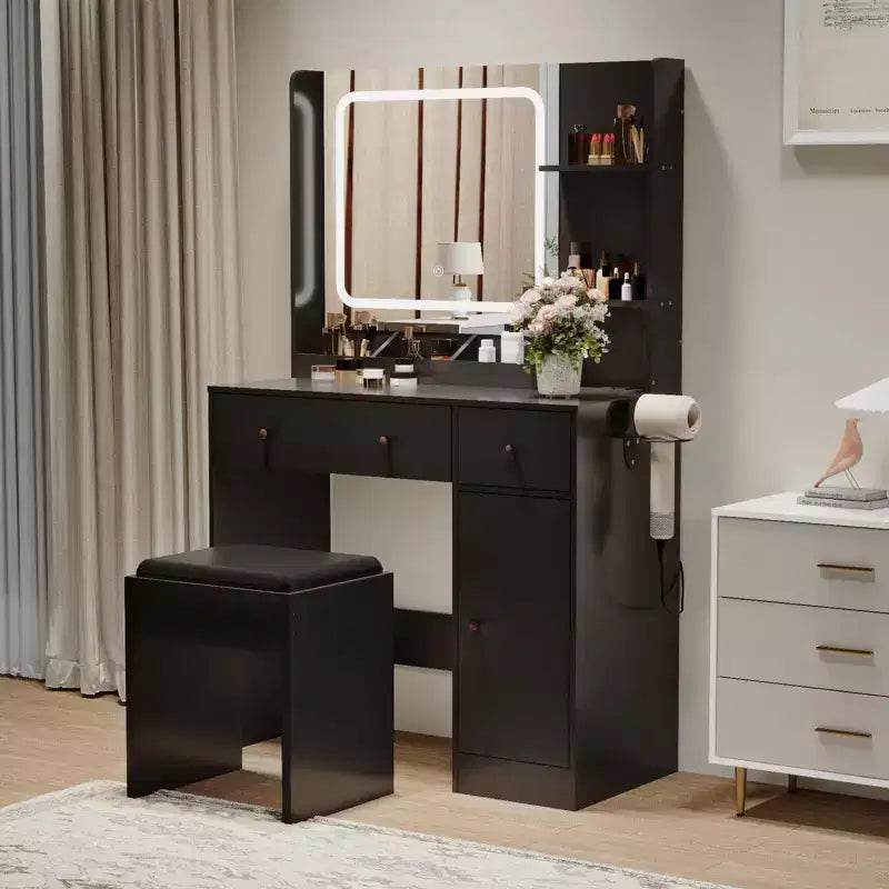 Vanity Desk with Mirror and Lights, Makeup Vanity with 3 Color Options and 4 Open Shelves, Vanity Table with 2 Storage Drawers, Dressing Table