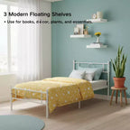 Base de cama doble de metal FurnitureR con cabecero + 3 estantes flotantes de pared, conjunto de cama de plataforma de acero resistente con espacio de almacenamiento, no requiere somier