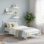 Base de cama doble de metal FurnitureR con cabecero + 3 estantes flotantes de pared, conjunto de cama de plataforma de acero resistente con espacio de almacenamiento, no requiere somier