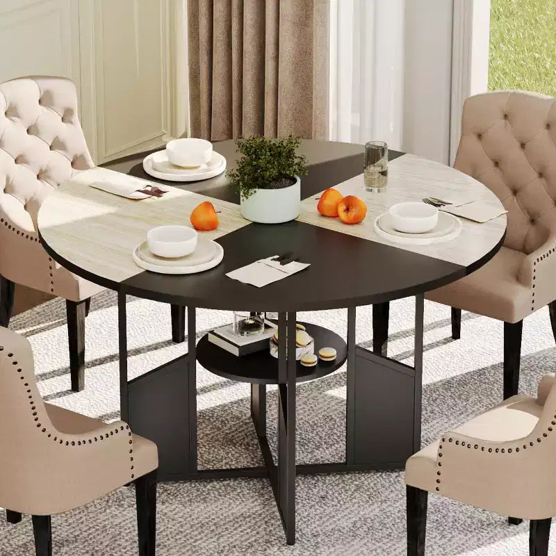 Mesa de comedor redonda para 4-6 personas - Mesa de cocina redonda de madera estilo casa de campo moderna con estante de almacenamiento, muebles de rincón de desayuno con encimera impermeable