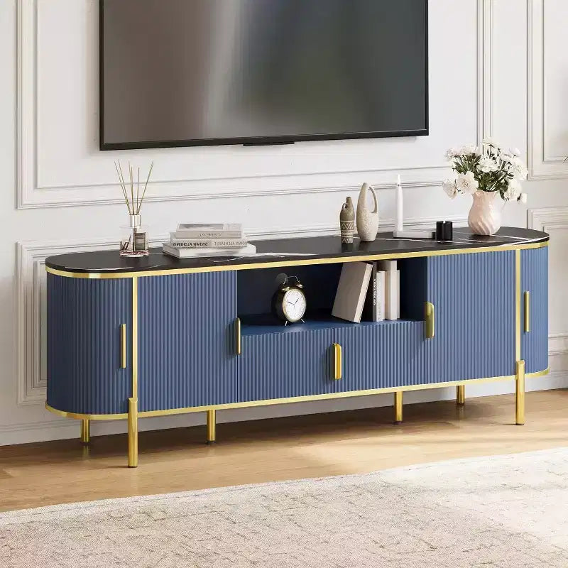 Mueble de TV de cuatro puertas de MDF con patrón de ondas redondas, centro de entretenimiento de lujo grande de 70 pulgadas, estantes ajustables