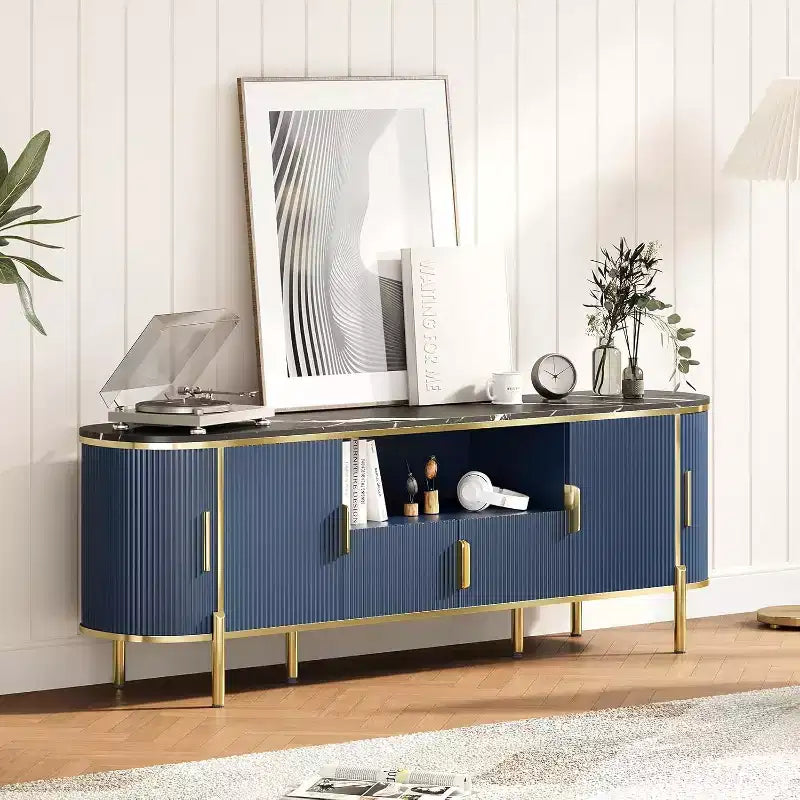 Mueble de TV de cuatro puertas de MDF con patrón de ondas redondas, centro de entretenimiento de lujo grande de 70 pulgadas, estantes ajustables