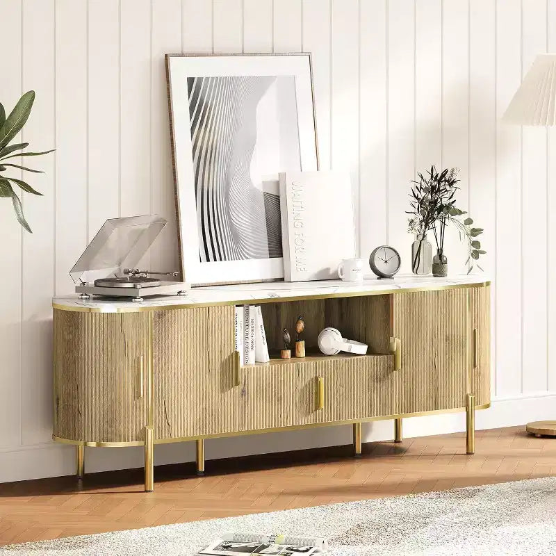 Mueble de TV de cuatro puertas de MDF con patrón de ondas redondas, centro de entretenimiento de lujo grande de 70 pulgadas, estantes ajustables
