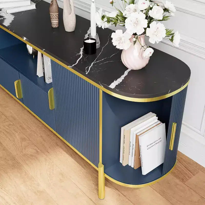Mueble de TV de cuatro puertas de MDF con patrón de ondas redondas, centro de entretenimiento de lujo grande de 70 pulgadas, estantes ajustables