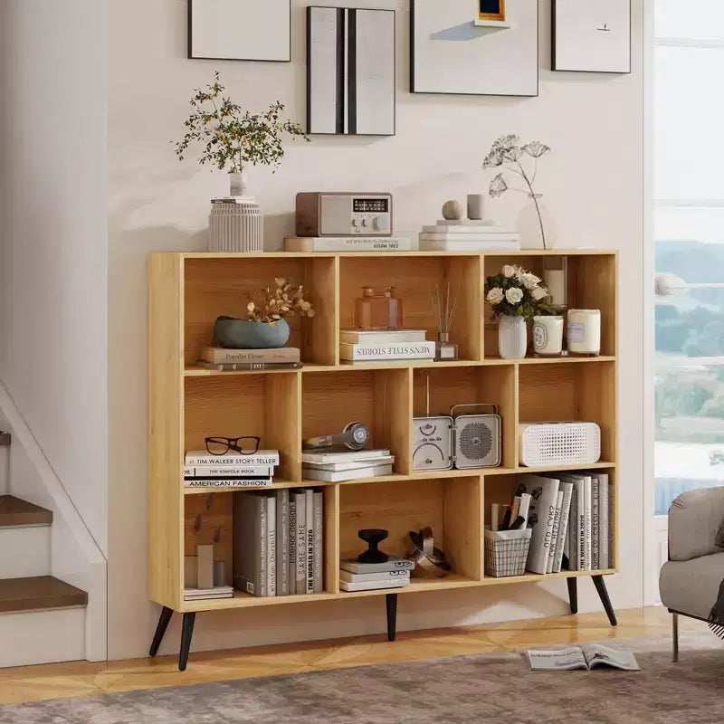 Estantería de almacenamiento de 10 cubos, organizador de almacenamiento de cubos de madera, estantería de madera de 3 niveles para sala de estar/oficina, vitrina, cubos de almacenamiento para decoración del hogar