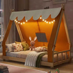 Camas con dosel de piso Okak Twin/Full con forma de casa con tienda de campaña y decoración de luces, marco de cama de plataforma para niños, adolescentes, no necesita somier