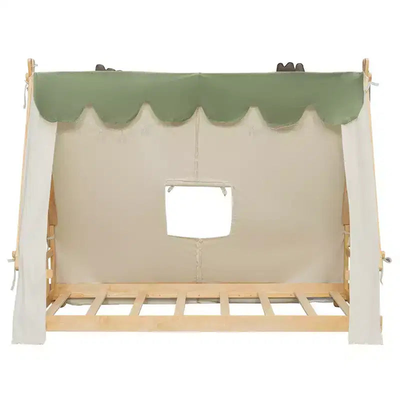 Camas con dosel de piso Okak Twin/Full con forma de casa con tienda de campaña y decoración de luces, marco de cama de plataforma para niños, adolescentes, no necesita somier