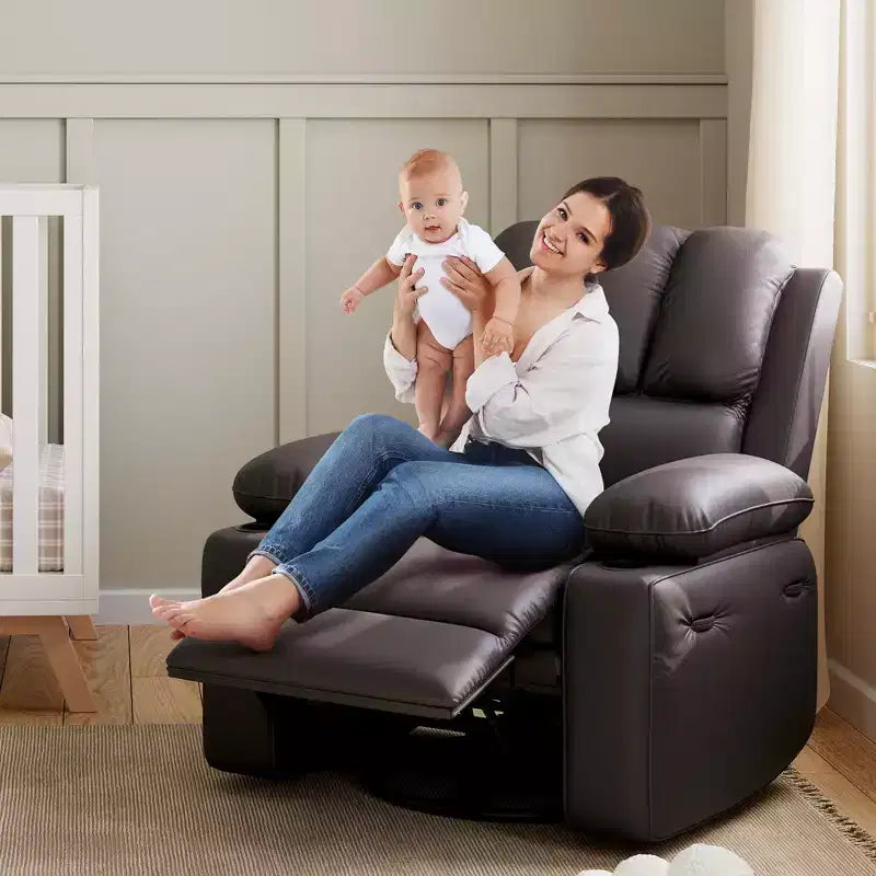 Sillón Reclinable de Masaje para Adultos, Mecedora Giratoria con Calefacción, Cuero PU, Control Remoto, Portavasos, Bolsillo Lateral, Sillón Reclinable Ancho para Sala de Estar, Dormitorio