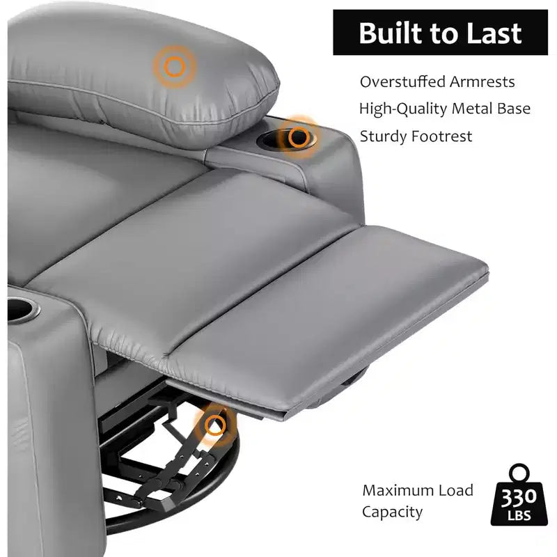 Sillón Reclinable de Masaje para Adultos, Mecedora Giratoria con Calefacción, Cuero PU, Control Remoto, Portavasos, Bolsillo Lateral, Sillón Reclinable Ancho para Sala de Estar, Dormitorio