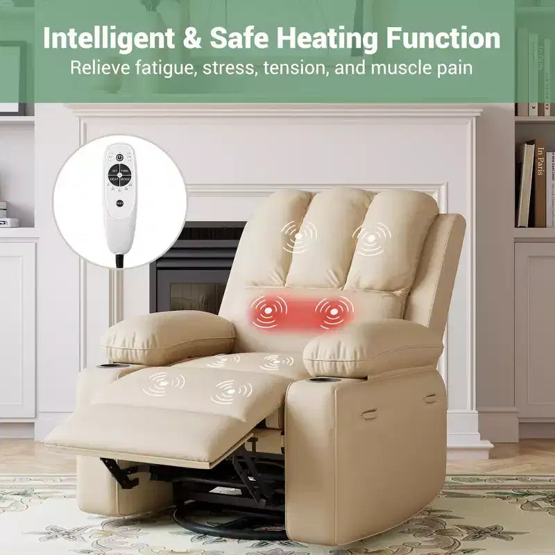 Sillón Reclinable de Masaje para Adultos, Mecedora Giratoria con Calefacción, Cuero PU, Control Remoto, Portavasos, Bolsillo Lateral, Sillón Reclinable Ancho para Sala de Estar, Dormitorio