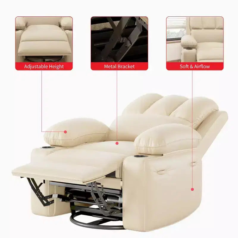 Sillón Reclinable de Masaje para Adultos, Mecedora Giratoria con Calefacción, Cuero PU, Control Remoto, Portavasos, Bolsillo Lateral, Sillón Reclinable Ancho para Sala de Estar, Dormitorio