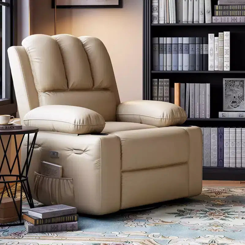 Sillón Reclinable de Masaje para Adultos, Mecedora Giratoria con Calefacción, Cuero PU, Control Remoto, Portavasos, Bolsillo Lateral, Sillón Reclinable Ancho para Sala de Estar, Dormitorio