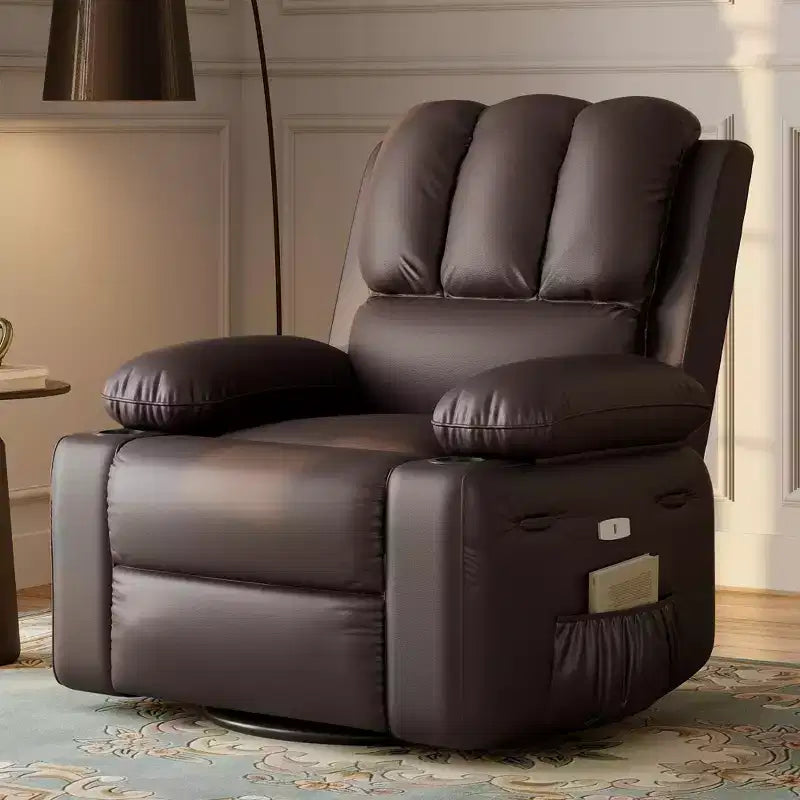Sillón Reclinable de Masaje para Adultos, Mecedora Giratoria con Calefacción, Cuero PU, Control Remoto, Portavasos, Bolsillo Lateral, Sillón Reclinable Ancho para Sala de Estar, Dormitorio