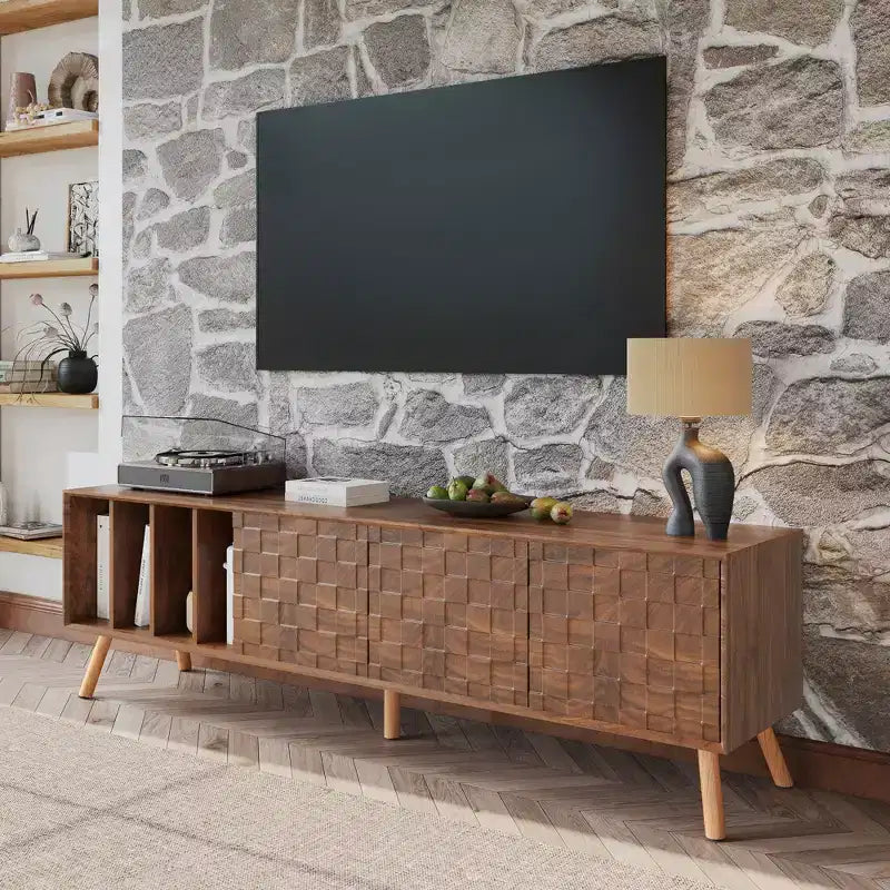 Mueble de TV Clihome de 70 pulgadas, estilo moderno de mediados de siglo, mesa consola multimedia para televisores de hasta 80 pulgadas, centro de entretenimiento con 5 patas de madera maciza para sala de estar