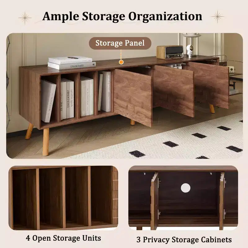 Mueble de TV Clihome de 70 pulgadas, estilo moderno de mediados de siglo, mesa consola multimedia para televisores de hasta 80 pulgadas, centro de entretenimiento con 5 patas de madera maciza para sala de estar