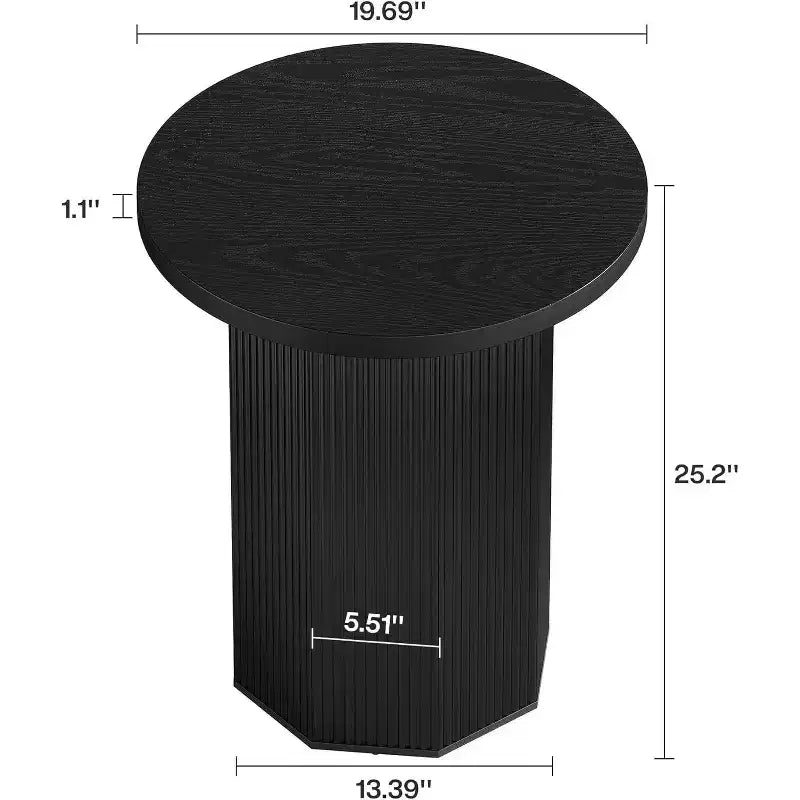 Mesa auxiliar redonda Lantine, mesa auxiliar de pedestal estilo rústico, mesita de noche de madera estriada, soporte para bebidas para sala de estar, dormitorio, color negro