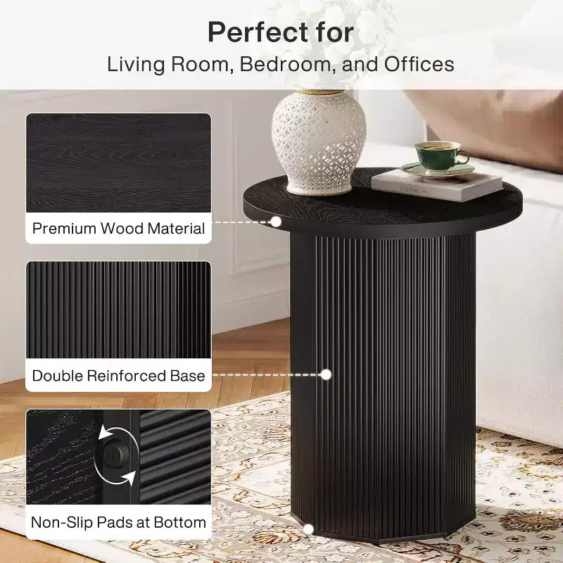 Mesa auxiliar redonda Lantine, mesa auxiliar de pedestal estilo rústico, mesita de noche de madera estriada, soporte para bebidas para sala de estar, dormitorio, color negro