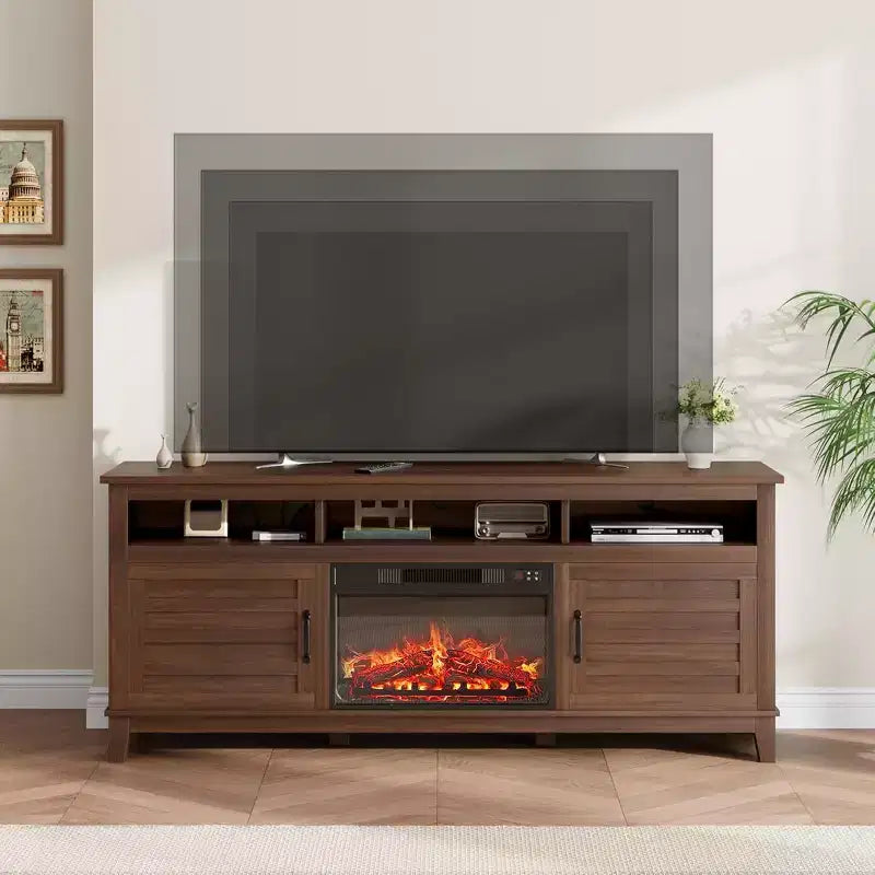 Mueble para TV con chimenea de 63 pulgadas, centro de entretenimiento con chimenea, mueble para TV de estilo rústico con puertas de armario, para sala de estar, dormitorio