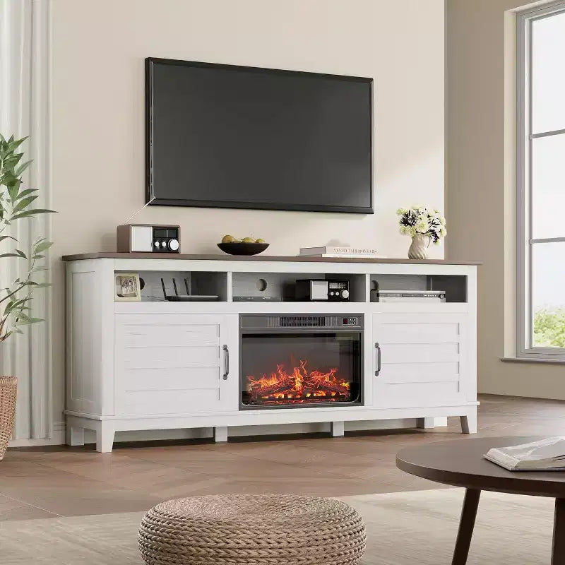 Mueble para TV con chimenea de 63 pulgadas, centro de entretenimiento con chimenea, mueble para TV de estilo rústico con puertas de armario, para sala de estar, dormitorio
