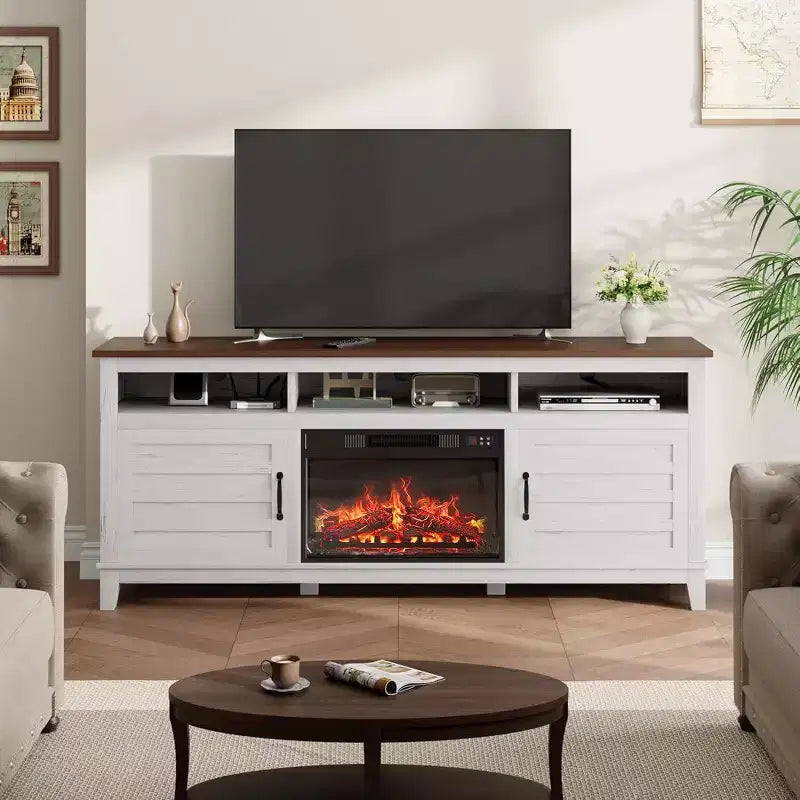 Mueble para TV con chimenea de 63 pulgadas, centro de entretenimiento con chimenea, mueble para TV de estilo rústico con puertas de armario, para sala de estar, dormitorio