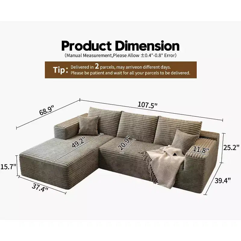 Sofá modular con brazo inclinado y ribete, asiento izquierdo o derecho, pana, color camel, material de poliuretano, solución de asiento para sala de estar