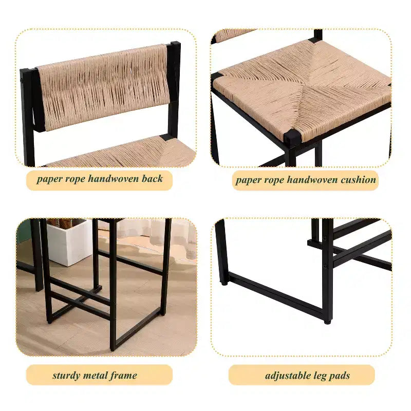 TUYOHW Taburetes de Bar Modernos de Cuerda de Papel Tejida, Juego de 2, Sillas de Bar de Altura de Mostrador con Estructura Metálica y Reposapiés, Sillas de Comedor para Cocina, Bar del Hogar
