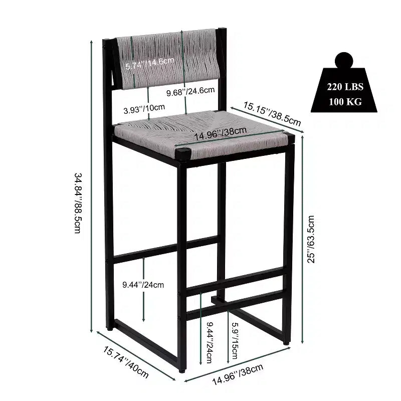 TUYOHW Taburetes de Bar Modernos de Cuerda de Papel Tejida, Juego de 2, Sillas de Bar de Altura de Mostrador con Estructura Metálica y Reposapiés, Sillas de Comedor para Cocina, Bar del Hogar