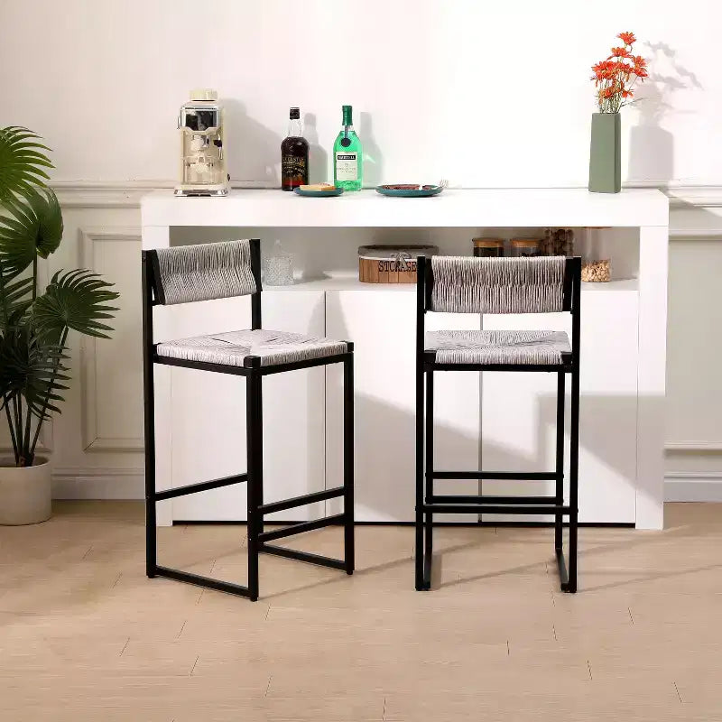 TUYOHW Taburetes de Bar Modernos de Cuerda de Papel Tejida, Juego de 2, Sillas de Bar de Altura de Mostrador con Estructura Metálica y Reposapiés, Sillas de Comedor para Cocina, Bar del Hogar