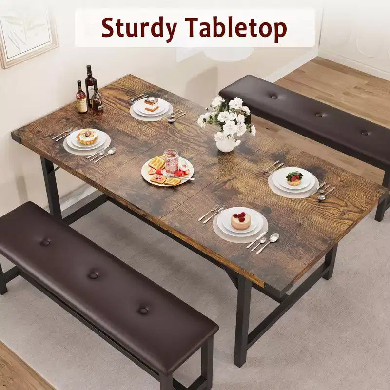Juego de mesa de comedor de 3 piezas para 4-6 personas, mesa de cocina extensible de 160 cm y juego de bancos con estructura de metal, 2 bancos tapizados, gris retro