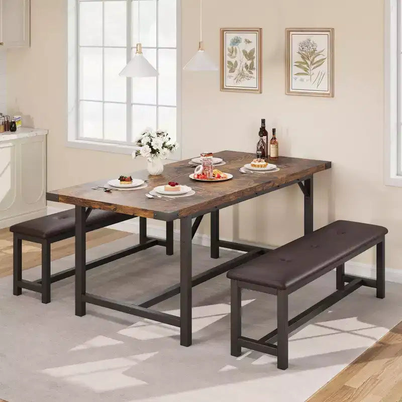 Juego de mesa de comedor de 3 piezas para 4-6 personas, mesa de cocina extensible de 160 cm y juego de bancos con estructura de metal, 2 bancos tapizados, gris retro