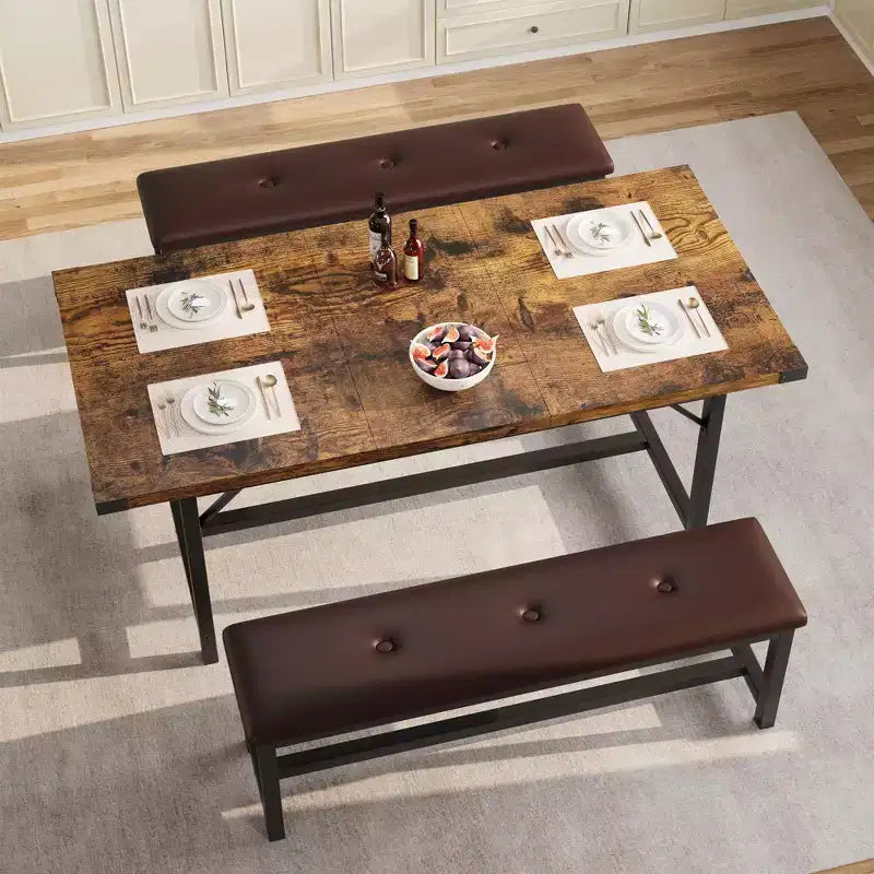 Juego de mesa de comedor de 3 piezas para 4-6 personas, mesa de cocina extensible de 160 cm y juego de bancos con estructura de metal, 2 bancos tapizados, gris retro