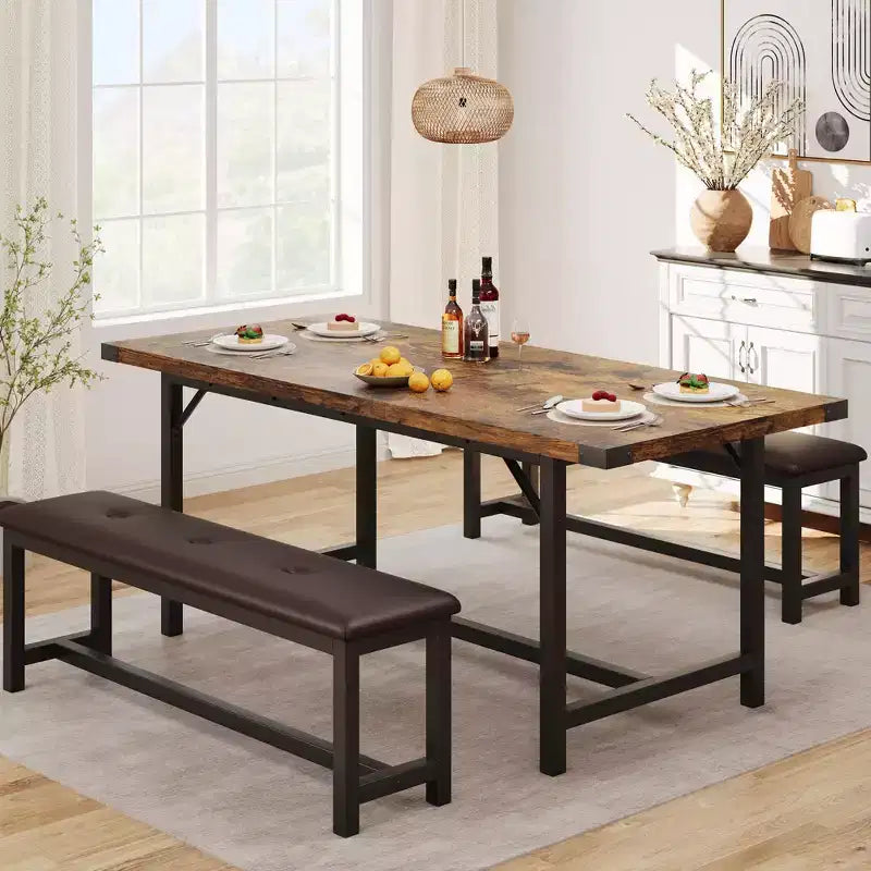 Juego de mesa de comedor de 3 piezas para 4-6 personas, mesa de cocina extensible de 160 cm y juego de bancos con estructura de metal, 2 bancos tapizados, gris retro