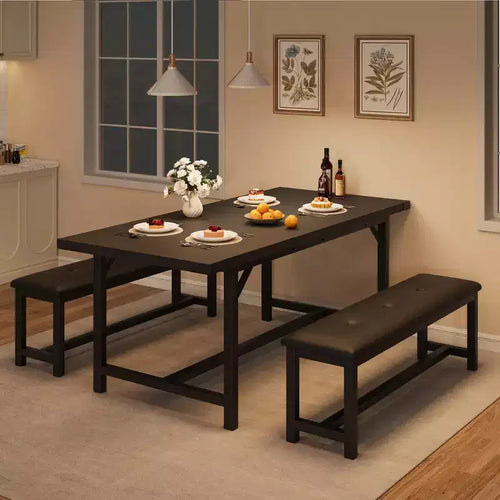 Juego de mesa de comedor de 3 piezas para 4-6 personas, mesa de cocina extensible de 160 cm y juego de bancos con estructura de metal, 2 bancos tapizados, gris retro