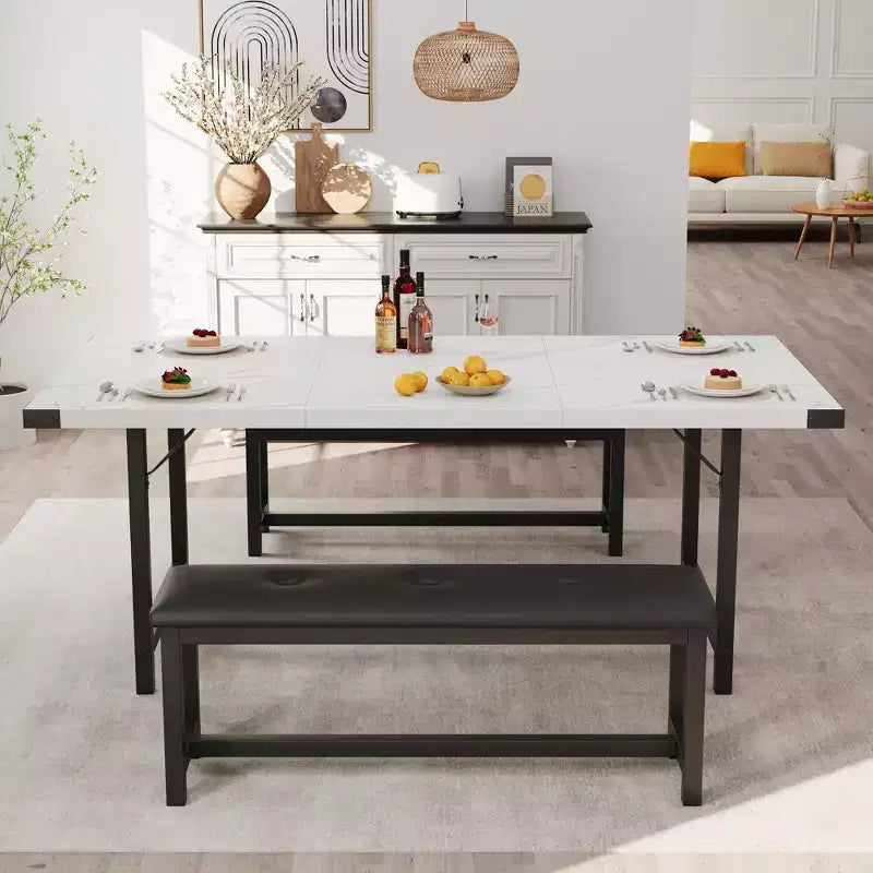 Juego de mesa de comedor de 3 piezas para 4-6 personas, mesa de cocina extensible de 160 cm y juego de bancos con estructura de metal, 2 bancos tapizados, gris retro