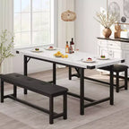 Juego de mesa de comedor de 3 piezas para 4-6 personas, mesa de cocina extensible de 160 cm y juego de bancos con estructura de metal, 2 bancos tapizados, gris retro