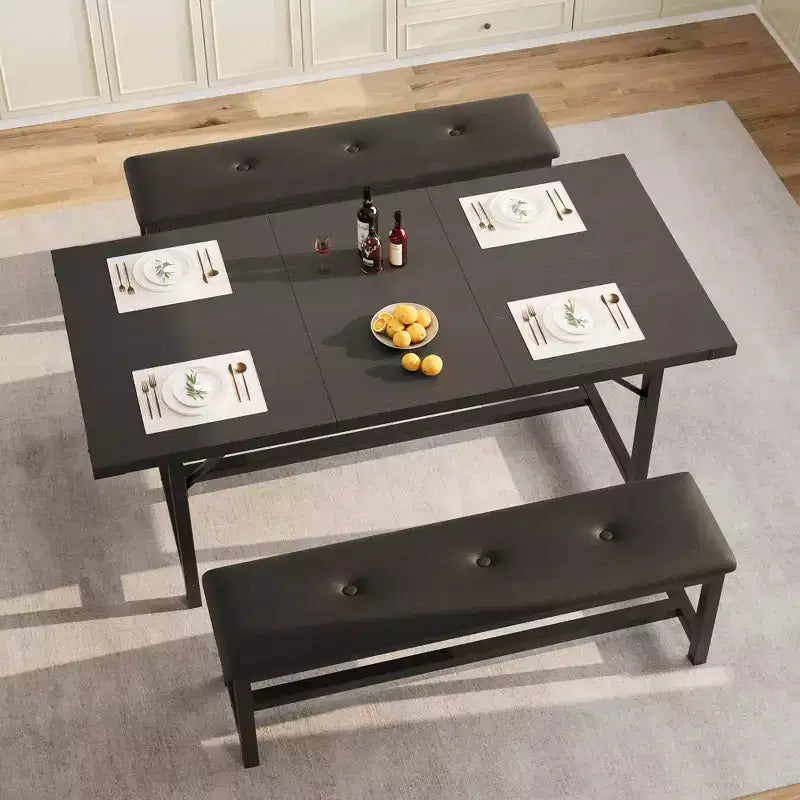 Juego de mesa de comedor de 3 piezas para 4-6 personas, mesa de cocina extensible de 160 cm y juego de bancos con estructura de metal, 2 bancos tapizados, gris retro